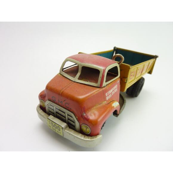 Vintage LINE MAR Stamford Builders Litho Hauling Dumping Truck Metal Tin Toy - Picture 3 of 7